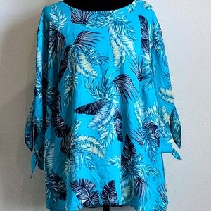 Worthington Turquoise Palm-Print Blouse